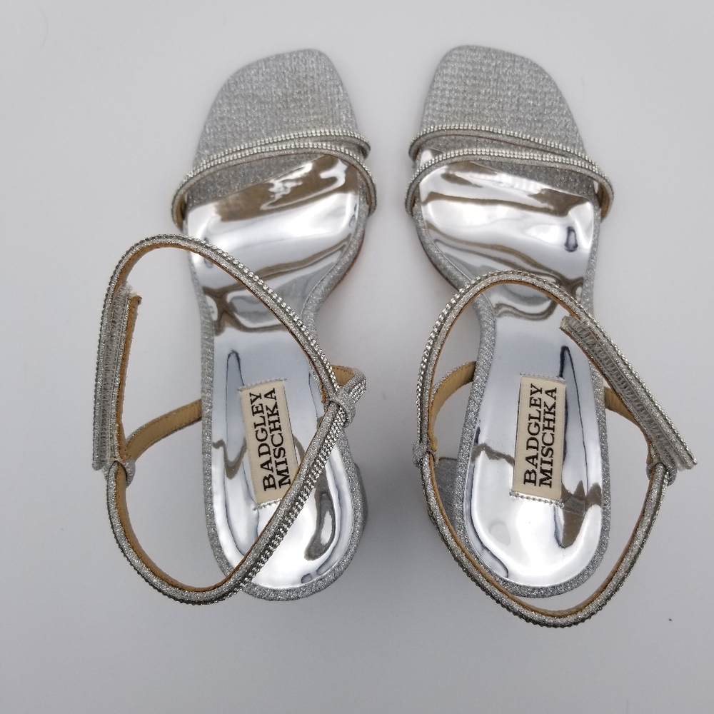 Badgley Mischka Firey Bejeweled Block Heel Sandals, Silver Glitter, Women's Sz 8 - Picture 11 of 16